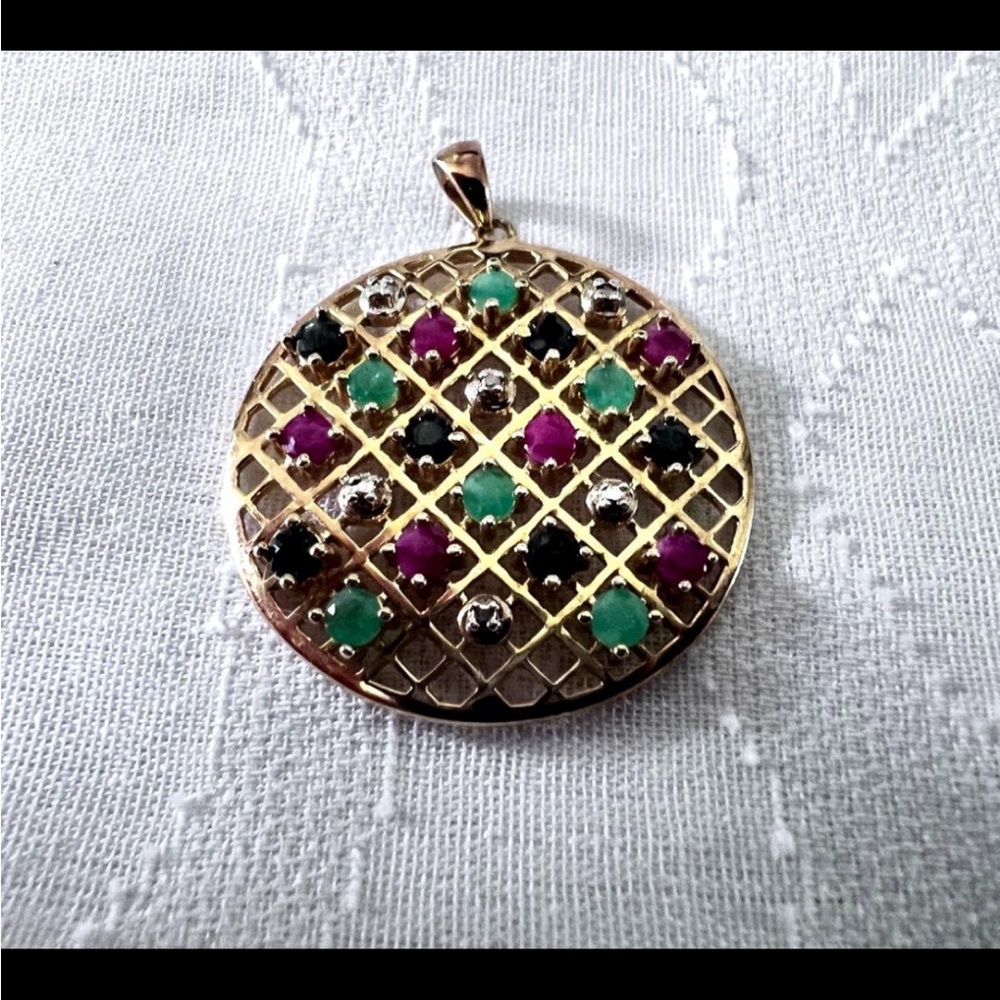 925 Sterling Silver Gold Vermeil Round Pendant | 1¼" | Red, Green & Black